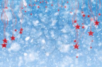 Merry Christmas Snow Background With Hanging Stars and Snowflakes Illustration