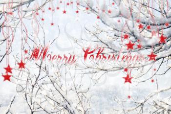 Merry Christmas Sign With Hanging Stars and Snowflakes Illustration