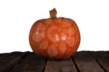 Pumpkin For Halloween with Copy Space Resting On Wooden Table Isolated On White Background