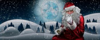 Santa Claus in Snow Fields With Full Moon and Starry Sky illustration