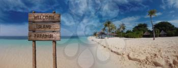 Summer Wooden Board Sign with Text, Welcome Island Paradise At Beautiful Sandy Beach Tropical Island
