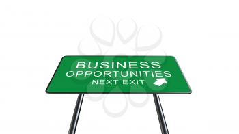 Business Opportunities Next Exit Green Road Sign With Direction Arrow Isolated On White Background. Business Concept 3D Rendering