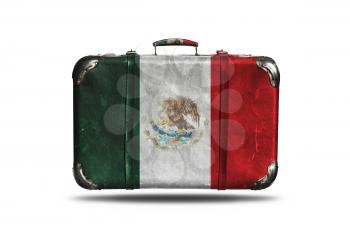 Travel Vintage Leather Suitcase With Flag Of Mexico Isolated On White Background
