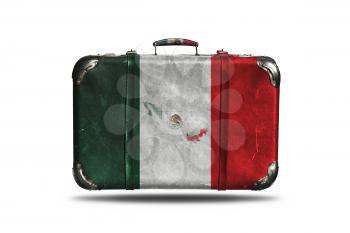 Travel Vintage Leather Suitcase With Flag Of Mexico and Country Map Isolated On White Background