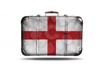 Travel Vintage Leather Suitcase With Flag Of England Isolated On White Background