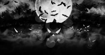 Halloween Pumpkins At The Cemetery Rising From The Mist With Clouds and The Moon In The Background 3D illustration 