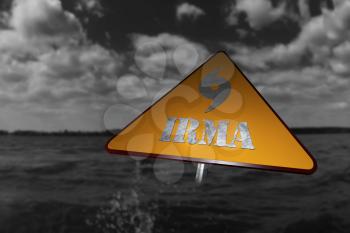 Hurricane Irma Danger Sign and Storm In The Background 3D Rendering