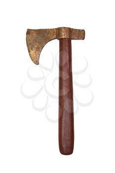  Ancient Bronze Axe With Wooden Handle Isolated On White Background