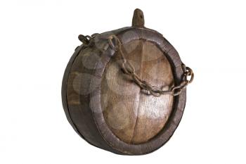Vintage Wooden Canteen With Rusty Chain. Iron Banded