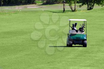 Golf buggy on green grass golf field