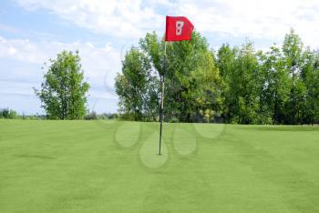 Golf field with red flag