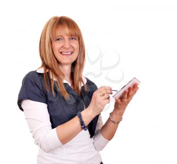 beautiful happy girl holding tablet