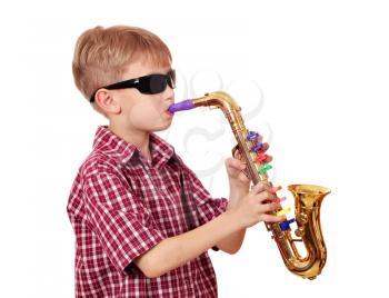boy with sunglasses play saxophone