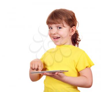 happy little girl playing with tablet pc