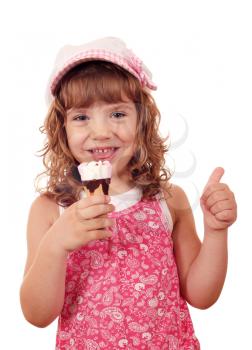 happy little girl with ice cream and thumb up