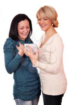 happy mother and daughter with tablet