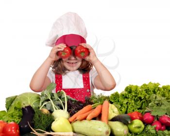 little girl cook with tomato eyes
