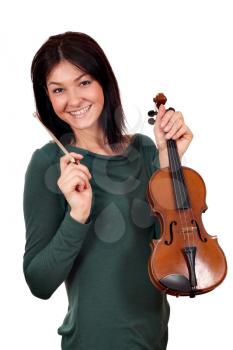 beautiful girl with violin on white