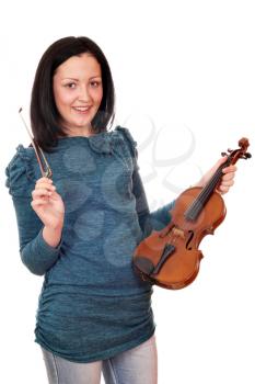 beautiful teenage girl with violin on white 