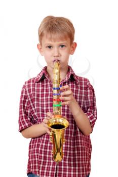 boy play music on saxophone portrait