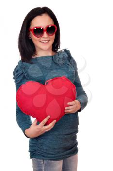 happy teenage girl with red heart on white 