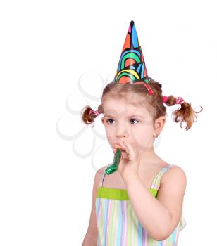 little girl with birthday hat and trumpet