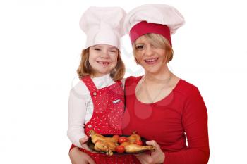 mother and daughter cook with chicken drumstick