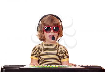 happy little girl play music and sing