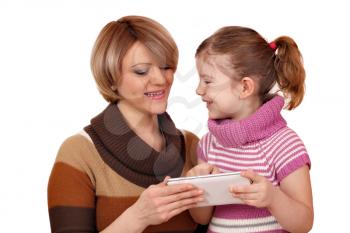 happy mother and daughter play with tablet pc on white