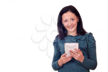 happy teenage girl with tablet pc on white 