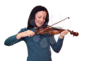teenage girl play violin on white 