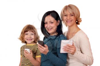 three generation little girl teenage girl and woman with tablet and smart phones