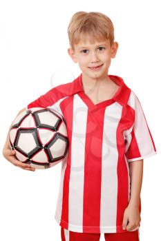 boy hold soccer ball on white background 