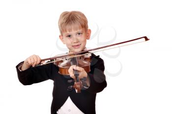 happy boy play music on violin