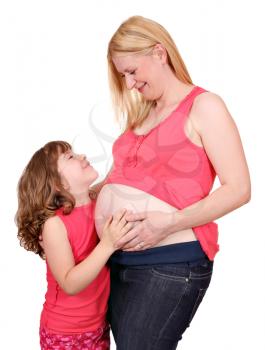happy daughter and pregnant mother on white