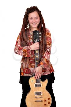 happy girl with dreadlocks hair and guitar 