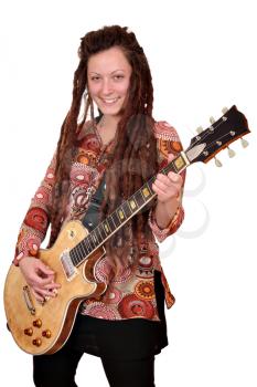 happy girl with dreadlocks play electric guitar
