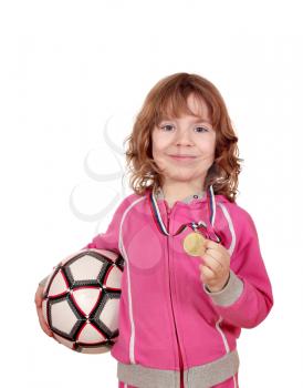 happy little girl with golden medal and soccer ball