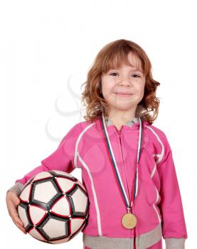 little girl with gold medal and soccer ball