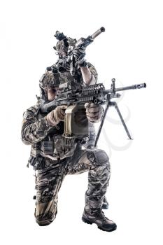 Two Army Rangers in field Uniforms with weapon. Studio shot