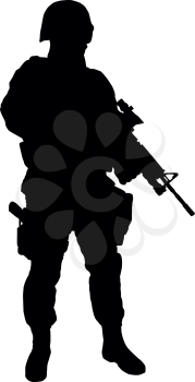 Army soldier, police special forces, SWAT officer in uniforms and helmet standing with service rifle in hands full length vector silhouette isolated on white background. Counter-terrorist team fighter