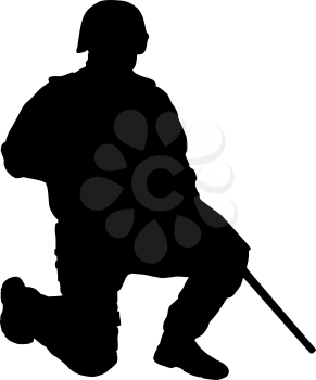 Army soldier, police SWAT, counter-terrorism unit fighter wearing helmet, standing on one knee and holding barrel of service weapon down to ground black vector silhouette isolated on white background
