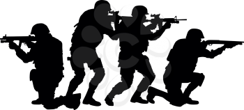 Police tactical unit, SWAT team, special security group officers in uniforms and helmets, aiming and shooting with assault rifles ans service shotguns vector silhouette isolated on white background