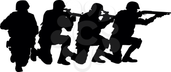 Police SWAT team, counter-terrorist or anti-narcotics tactical group, special security unit fighters standing on knee one behind other and aiming weapons vector silhouette isolated on white background