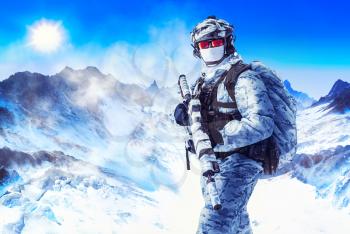 Soldier in winter uniforms and white face mask in the mountains. Weapon wrapped with masking camouflage tape