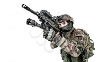 Paratrooper of french 1st Marine Infantry Parachute Regiment RPIMA studio shot firing pointing weapons