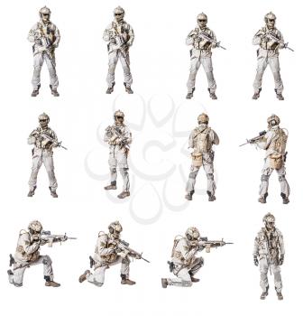 Set of Army soldier in Protective Combat Uniform holding Special Operations Forces Combat Assault Rifle. Knee pads, chest rig, military boots. Studio shot, isolated on white background