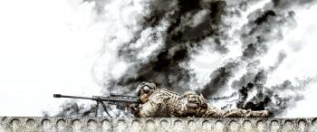 Sniper with large caliber rifle in action on the roof of riuned building