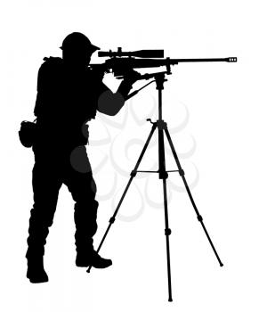Studio shoot of police special forces sniper in black blank uniform and hidden behind mask identity aiming with telescopic optical sight on sniper rifle mounted on tripod, isolated on white background