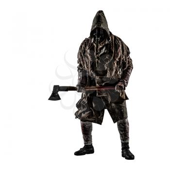 Post apocalypse world survivor, bandit or marauder in gas mask, ghillie cape, ragged clothes with runes, showing beckoning sign while standing with carpenters axe in hand, isolated on white shoot